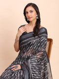 Black SANSKRIT PRINTS Linen Cotton Saree with Blouse Piece