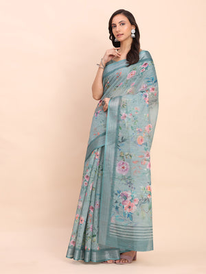 Sea Green SANSKRIT PRINTS Linen Cotton Saree with Blouse Piece