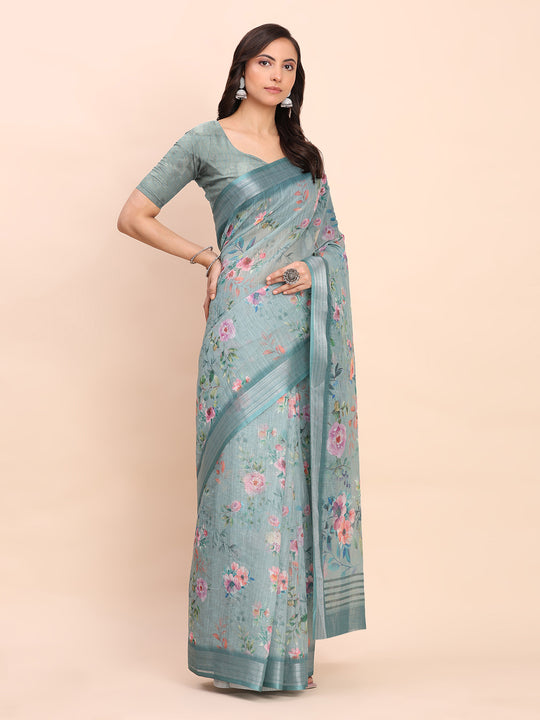 Sea Green SANSKRIT PRINTS Linen Cotton Saree with Blouse Piece