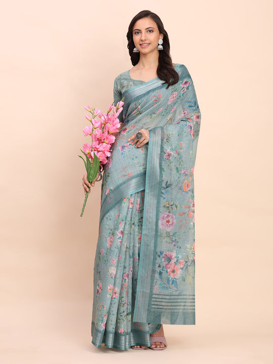 Sea Green SANSKRIT PRINTS Linen Cotton Saree with Blouse Piece