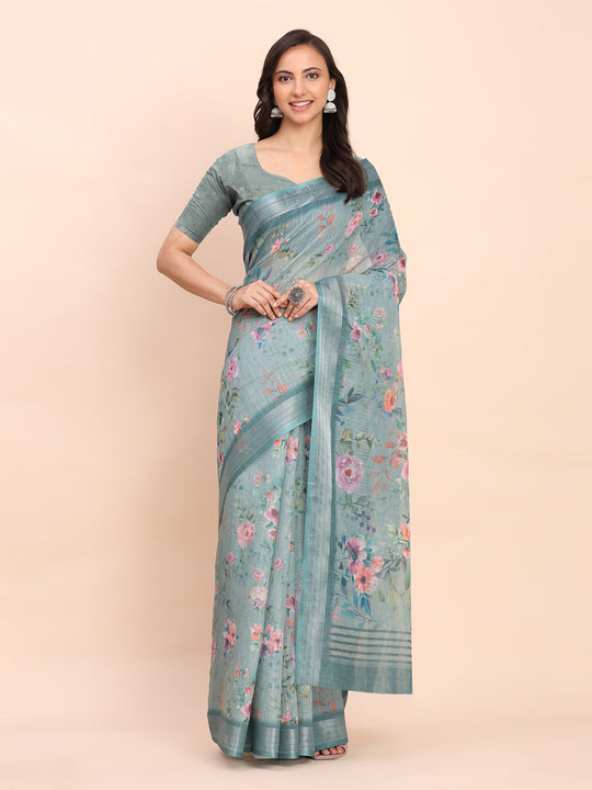 Sea Green SANSKRIT PRINTS Linen Cotton Saree with Blouse Piece