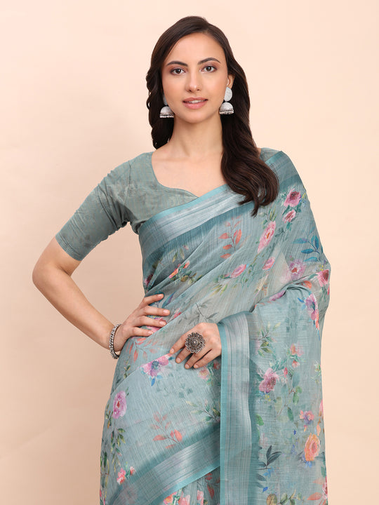 Sea Green SANSKRIT PRINTS Linen Cotton Saree with Blouse Piece
