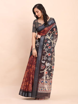 Maroon SANSKRIT PRINTS Linen Cotton Saree with Blouse Piece