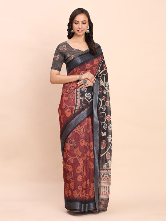 Maroon SANSKRIT PRINTS Linen Cotton Saree with Blouse Piece