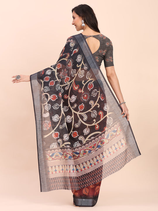 Maroon SANSKRIT PRINTS Linen Cotton Saree with Blouse Piece