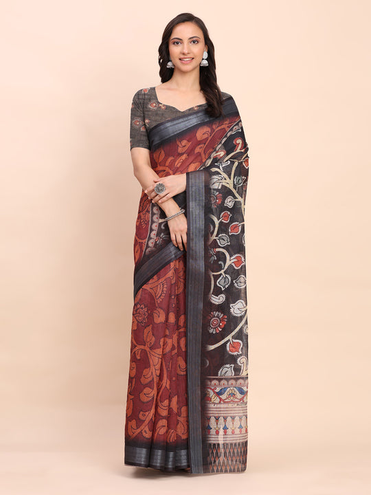 Maroon SANSKRIT PRINTS Linen Cotton Saree with Blouse Piece
