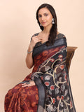 Maroon SANSKRIT PRINTS Linen Cotton Saree with Blouse Piece