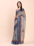 Cream SANSKRIT PRINTS Linen Cotton Saree with Blouse Piece
