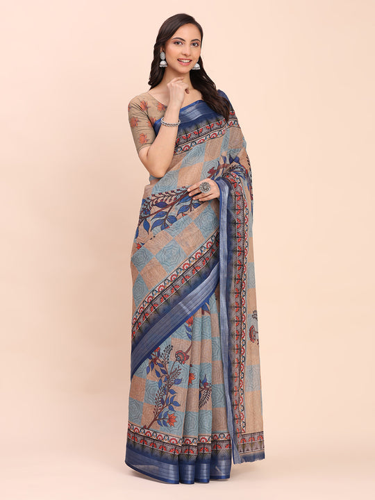Cream SANSKRIT PRINTS Linen Cotton Saree with Blouse Piece