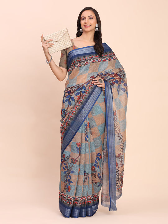 Cream SANSKRIT PRINTS Linen Cotton Saree with Blouse Piece