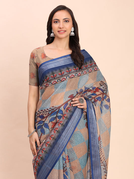 Cream SANSKRIT PRINTS Linen Cotton Saree with Blouse Piece