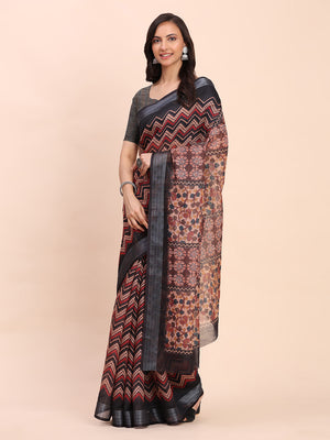 Black SANSKRIT PRINTS Linen Cotton Saree with Blouse Piece