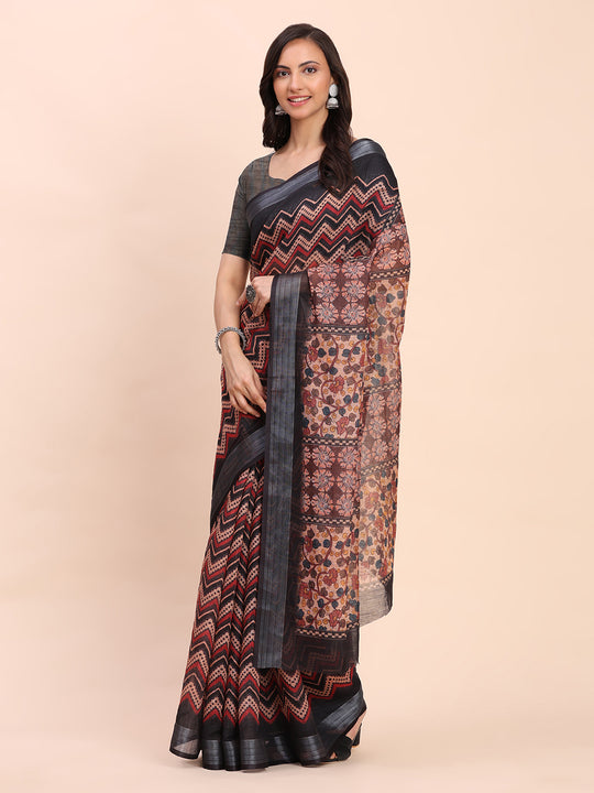 Black SANSKRIT PRINTS Linen Cotton Saree with Blouse Piece