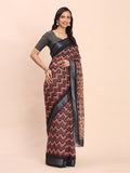 Black SANSKRIT PRINTS Linen Cotton Saree with Blouse Piece