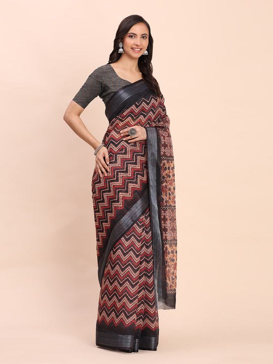 Black SANSKRIT PRINTS Linen Cotton Saree with Blouse Piece