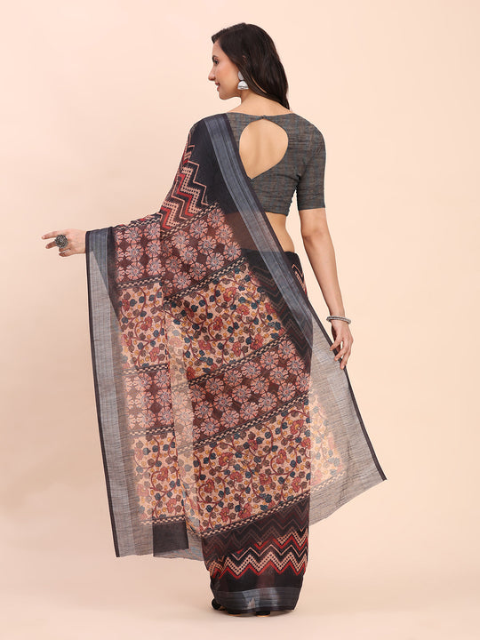 Black SANSKRIT PRINTS Linen Cotton Saree with Blouse Piece