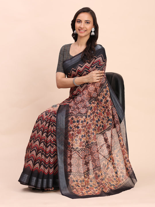 Black SANSKRIT PRINTS Linen Cotton Saree with Blouse Piece