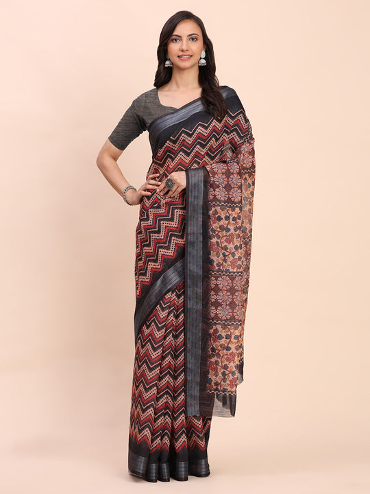 Black SANSKRIT PRINTS Linen Cotton Saree with Blouse Piece