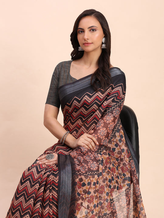 Black SANSKRIT PRINTS Linen Cotton Saree with Blouse Piece