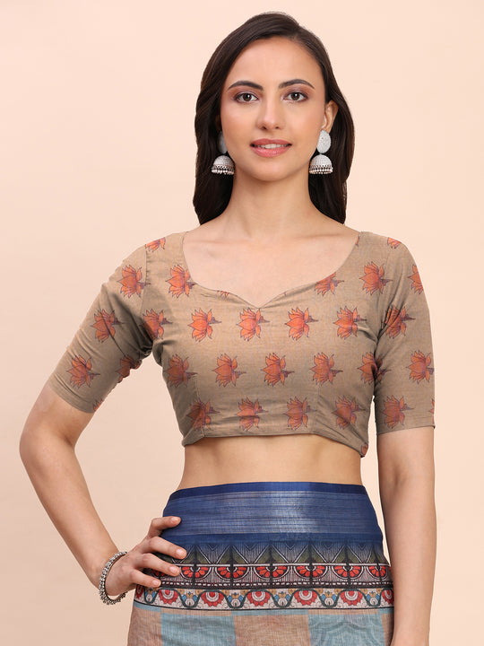 Black SANSKRIT PRINTS Linen Cotton Saree with Blouse Piece