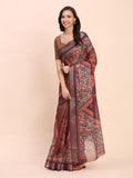 Brown SANSKRIT PRINTS Linen Cotton Saree with Blouse Piece
