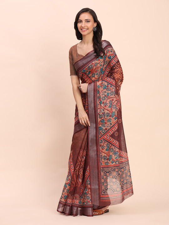 Brown SANSKRIT PRINTS Linen Cotton Saree with Blouse Piece