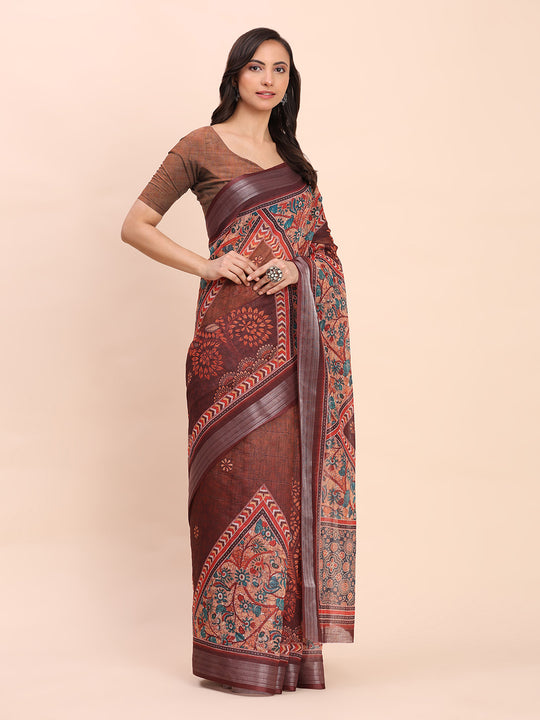 Brown SANSKRIT PRINTS Linen Cotton Saree with Blouse Piece
