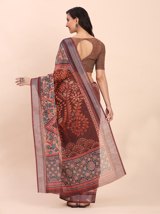 Brown SANSKRIT PRINTS Linen Cotton Saree with Blouse Piece