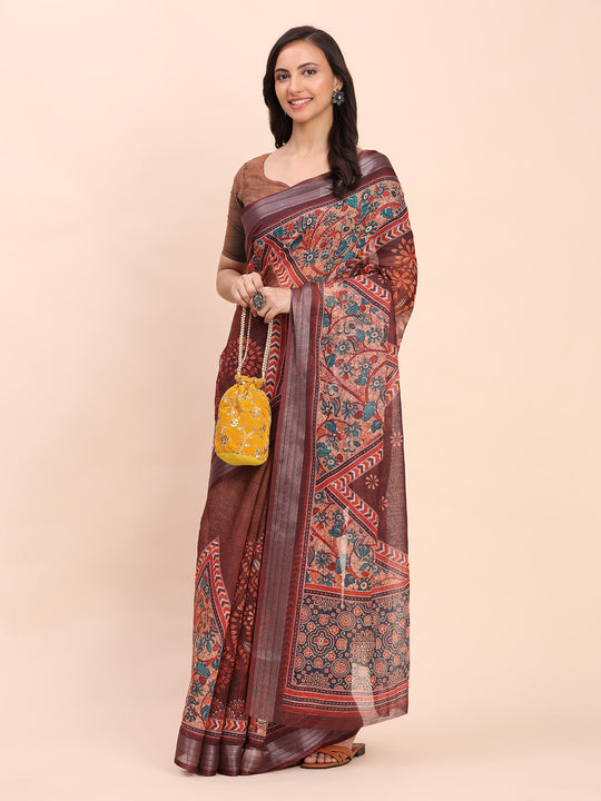 Brown SANSKRIT PRINTS Linen Cotton Saree with Blouse Piece