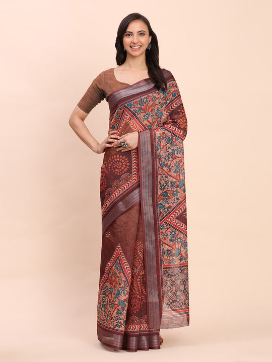 Brown SANSKRIT PRINTS Linen Cotton Saree with Blouse Piece