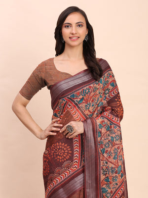 Brown SANSKRIT PRINTS Linen Cotton Saree with Blouse Piece