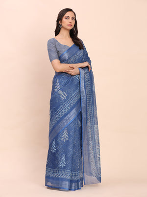 Indigo Blue SANSKRIT PRINTS Linen Cotton Saree with Blouse Piece
