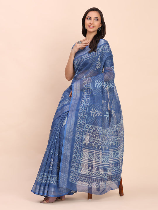 Indigo Blue SANSKRIT PRINTS Linen Cotton Saree with Blouse Piece