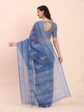 Indigo Blue SANSKRIT PRINTS Linen Cotton Saree with Blouse Piece