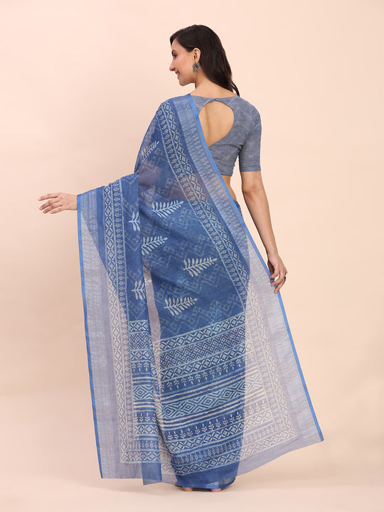 Indigo Blue SANSKRIT PRINTS Linen Cotton Saree with Blouse Piece
