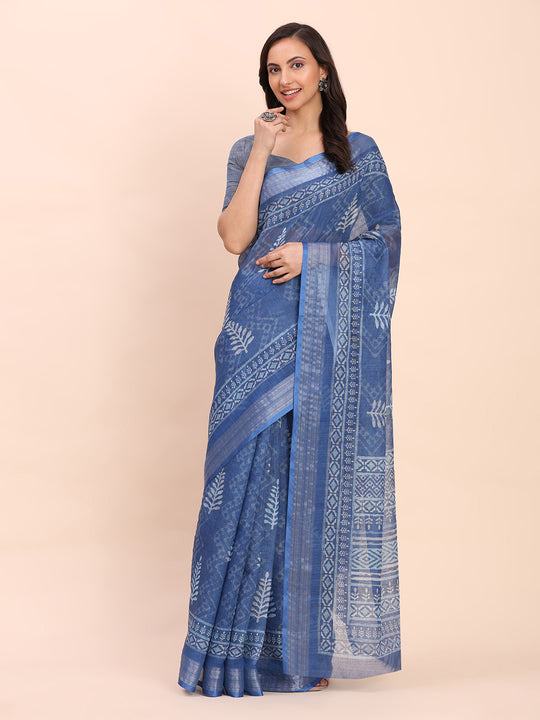 Indigo Blue SANSKRIT PRINTS Linen Cotton Saree with Blouse Piece