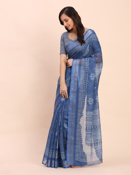 Indigo Blue SANSKRIT PRINTS Linen Cotton Saree with Blouse Piece