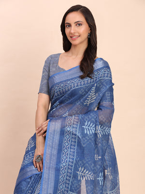 Indigo Blue SANSKRIT PRINTS Linen Cotton Saree with Blouse Piece