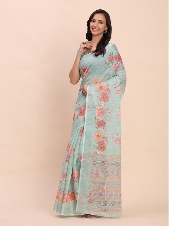 Sea Green SANSKRIT PRINTS Linen Cotton Saree with Blouse Piece