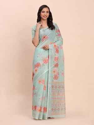 Sea Green SANSKRIT PRINTS Linen Cotton Saree with Blouse Piece