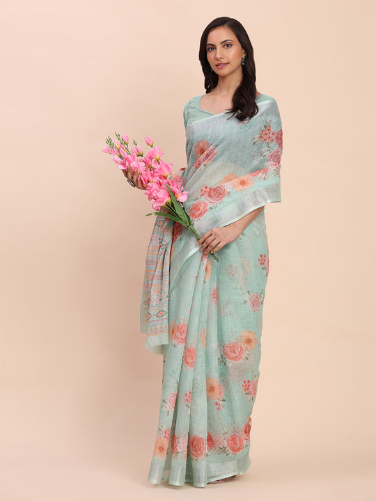 Sea Green SANSKRIT PRINTS Linen Cotton Saree with Blouse Piece