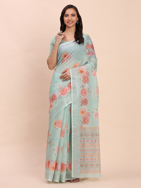 Sea Green SANSKRIT PRINTS Linen Cotton Saree with Blouse Piece