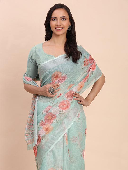 Sea Green SANSKRIT PRINTS Linen Cotton Saree with Blouse Piece
