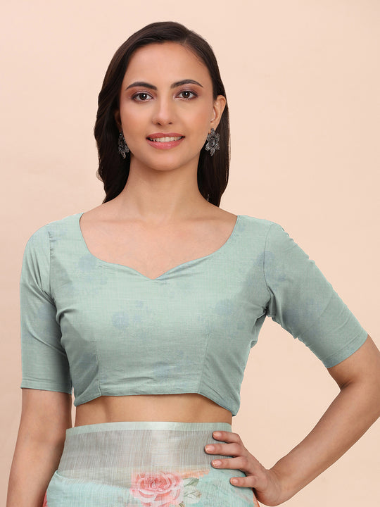 Sea Green SANSKRIT PRINTS Linen Cotton Saree with Blouse Piece