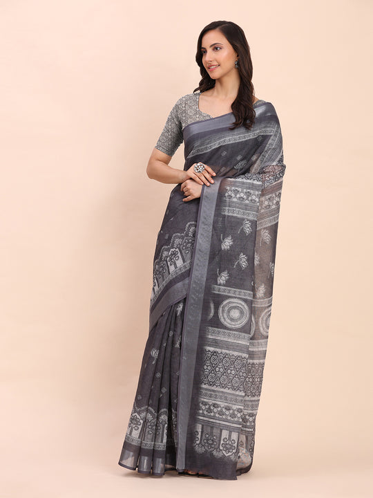 Black SANSKRIT PRINTS Linen Cotton Saree with Blouse Piece