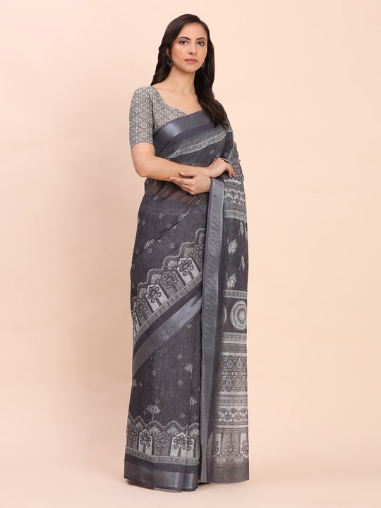 Black SANSKRIT PRINTS Linen Cotton Saree with Blouse Piece