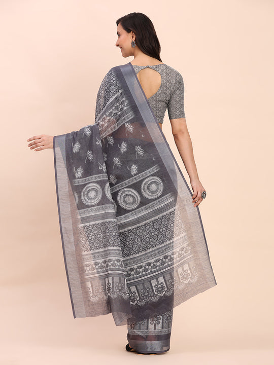 Black SANSKRIT PRINTS Linen Cotton Saree with Blouse Piece