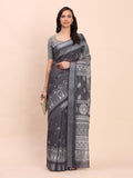 Black SANSKRIT PRINTS Linen Cotton Saree with Blouse Piece