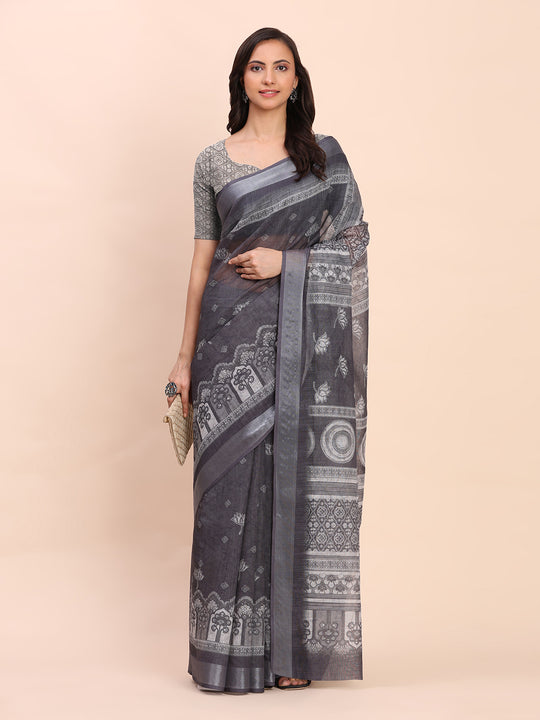 Black SANSKRIT PRINTS Linen Cotton Saree with Blouse Piece