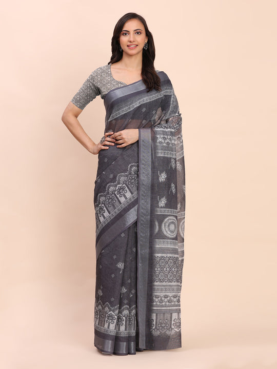 Black SANSKRIT PRINTS Linen Cotton Saree with Blouse Piece
